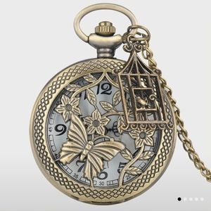 Antique Brass Butterfly Pocket Watch Locket Necklace